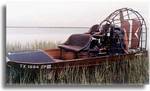 Capt. Lynn Smith's Airgator saltwater fishing airboat, with Chevrolet V8, used for catching redfish in the Texas mid coast area.